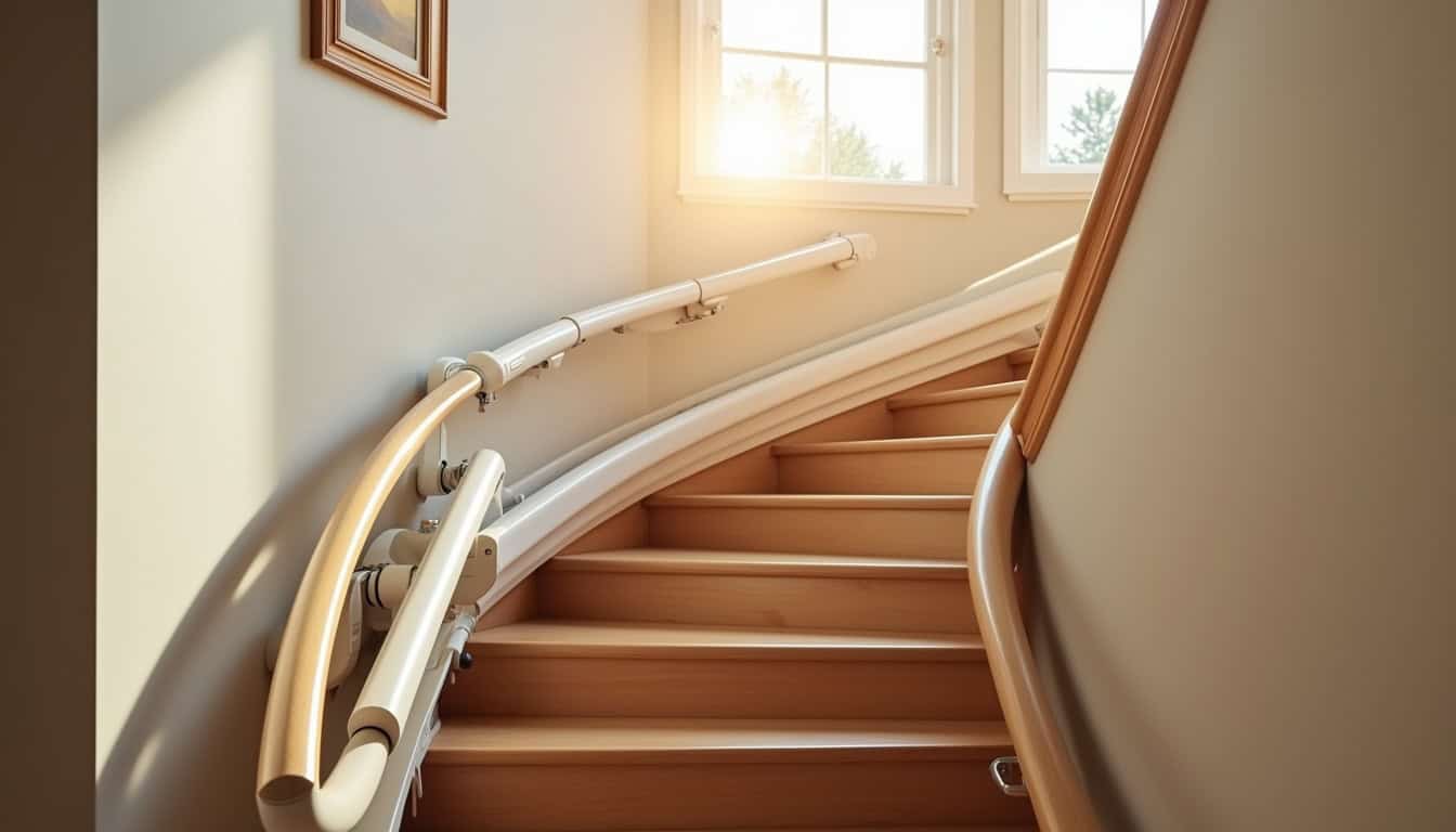 Monte-escalier tournant installé dans un escalier intérieur avec virage