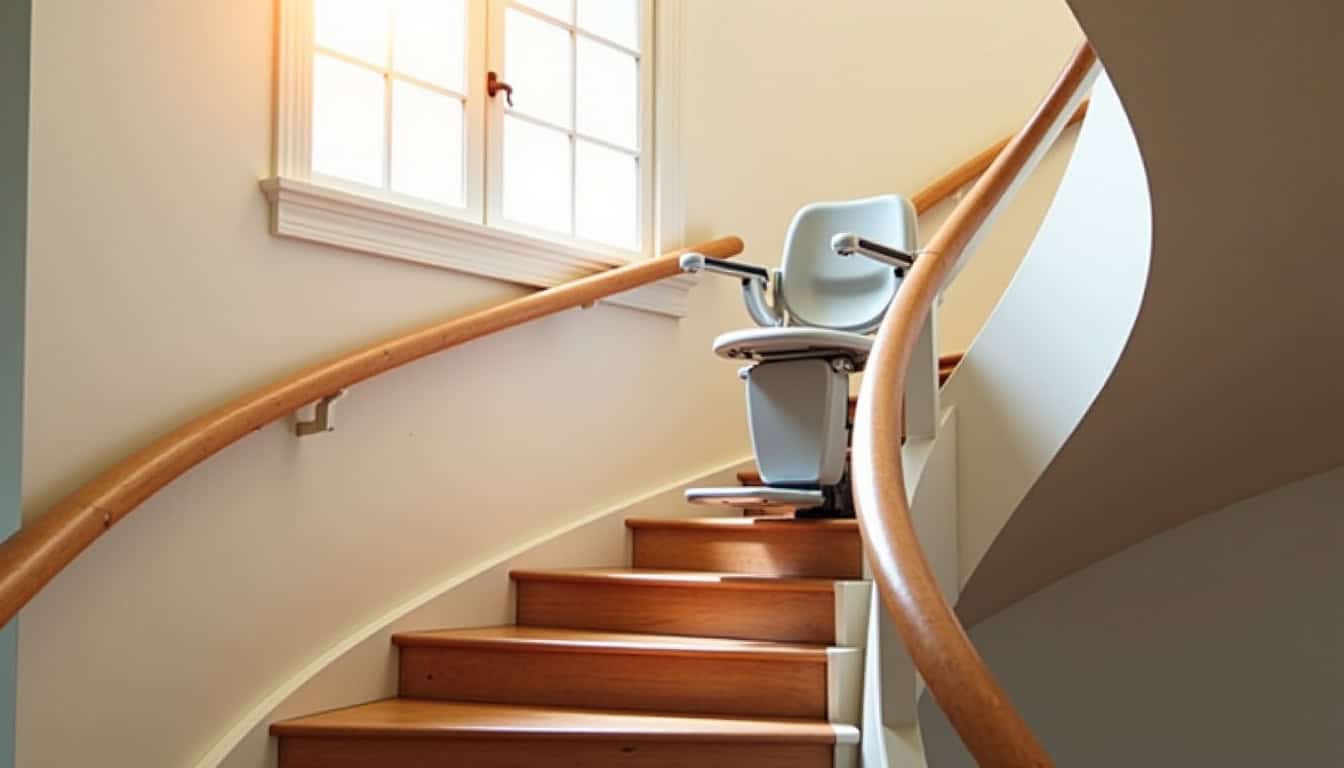 Monte-escalier tournant installé dans un escalier intérieur en colimaçon
