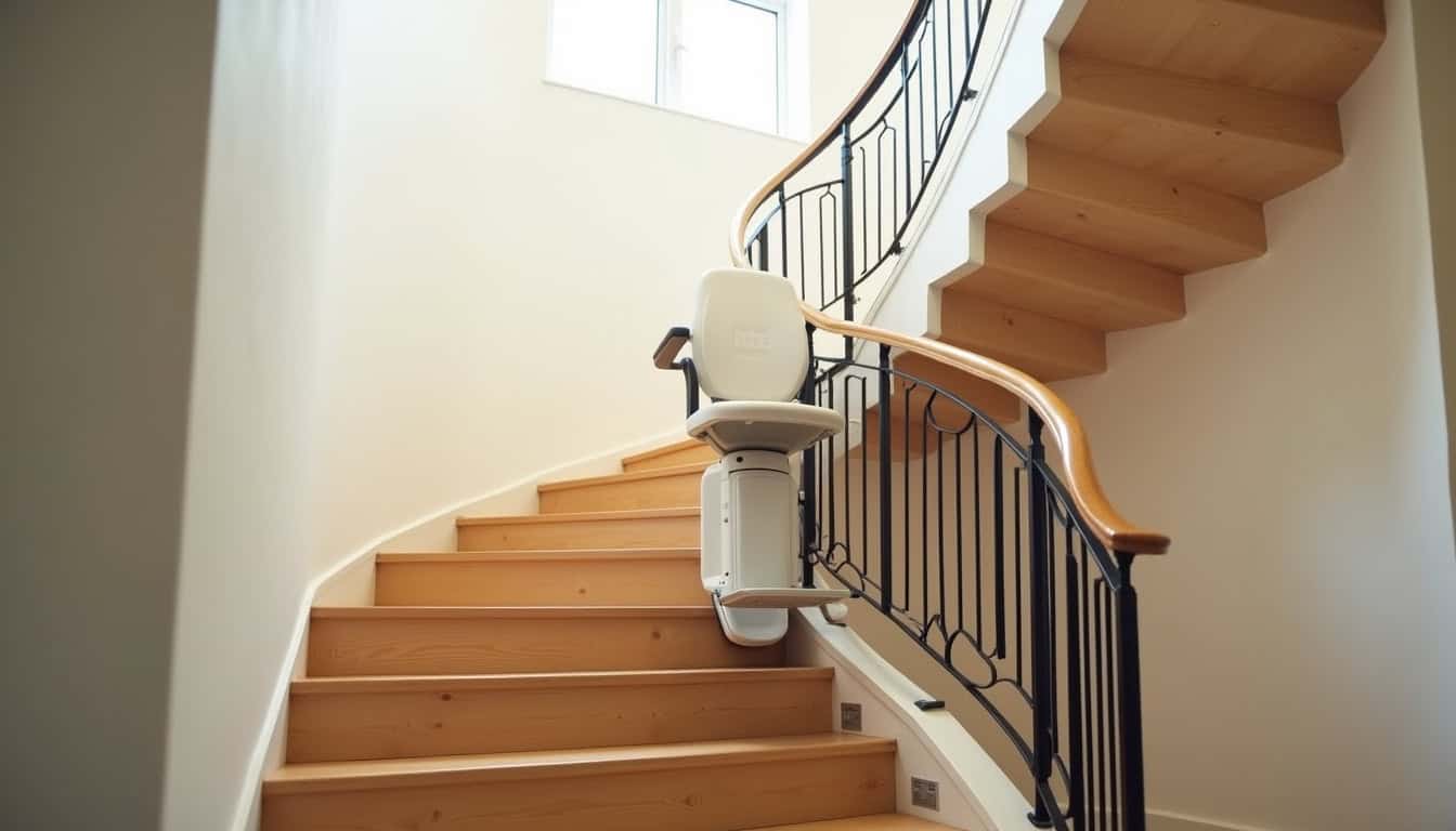 Monte-escalier tournant installé dans un escalier intérieur en colimaçon