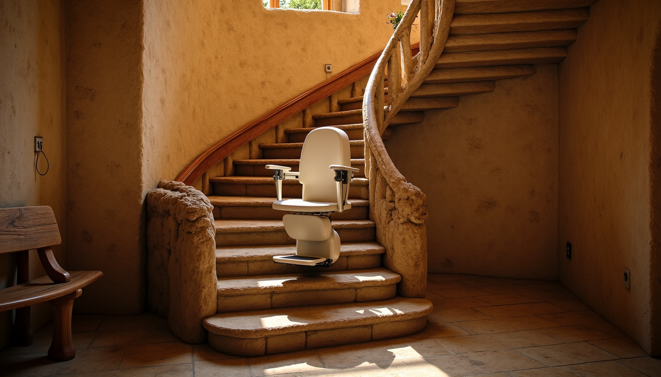 Monte-escalier tournant installé dans un intérieur ancien avec escalier en pierre