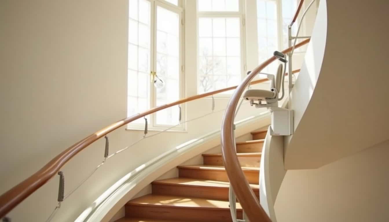 Monte-escalier tournant installé dans un intérieur avec escalier en colimaçon
