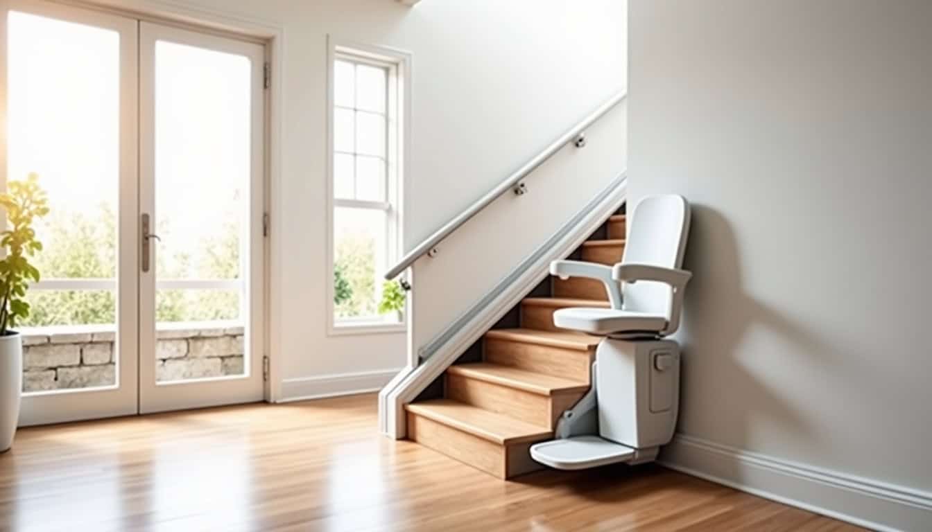 Monte-escalier tournant installé dans un intérieur moderne avec escalier à palier