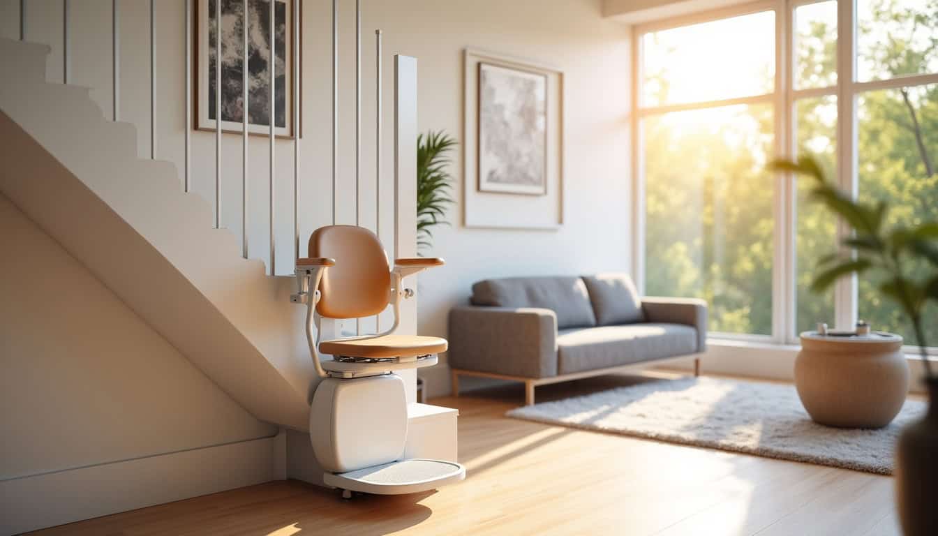 Monte-escalier tournant installé dans un salon avec décoration intérieure contemporaine