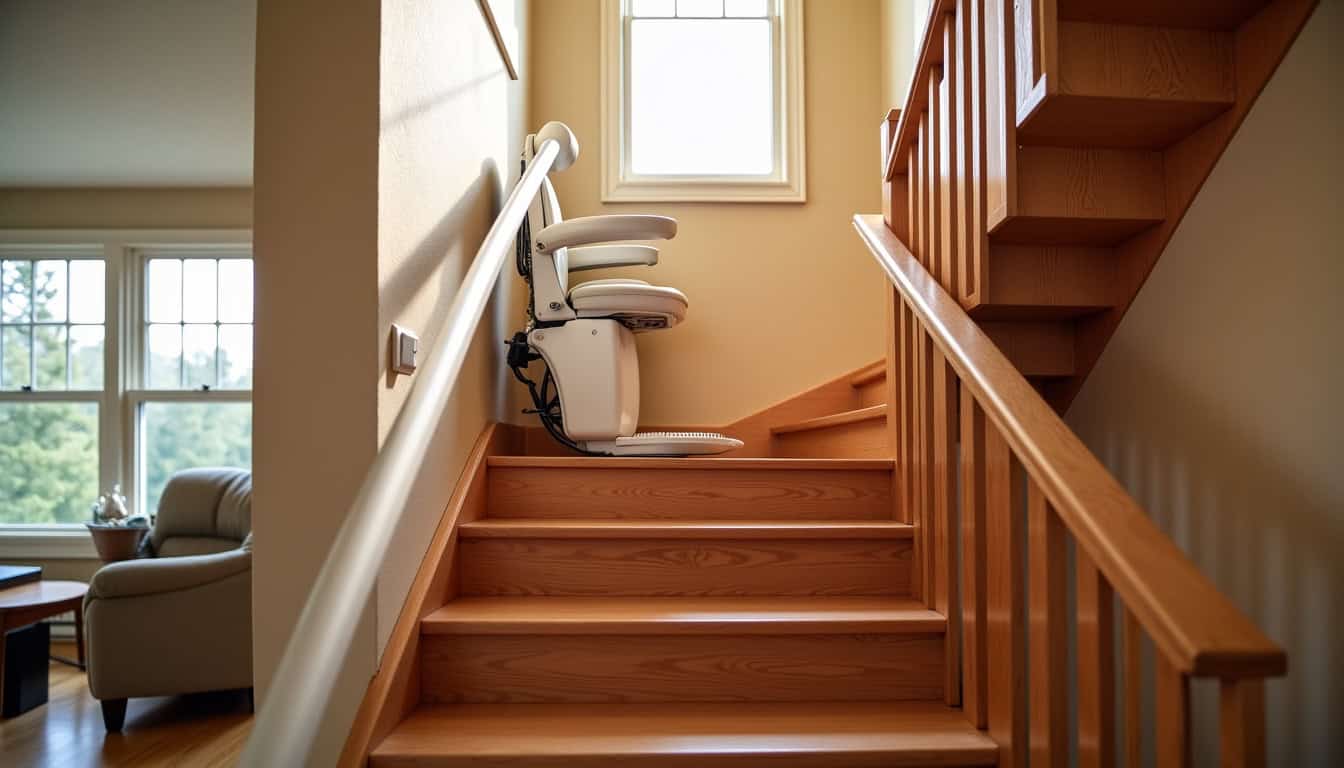 Monte-escalier tournant installé dans une habitation à Saint-Étienne avec rail courbe adapté à un escalier en L