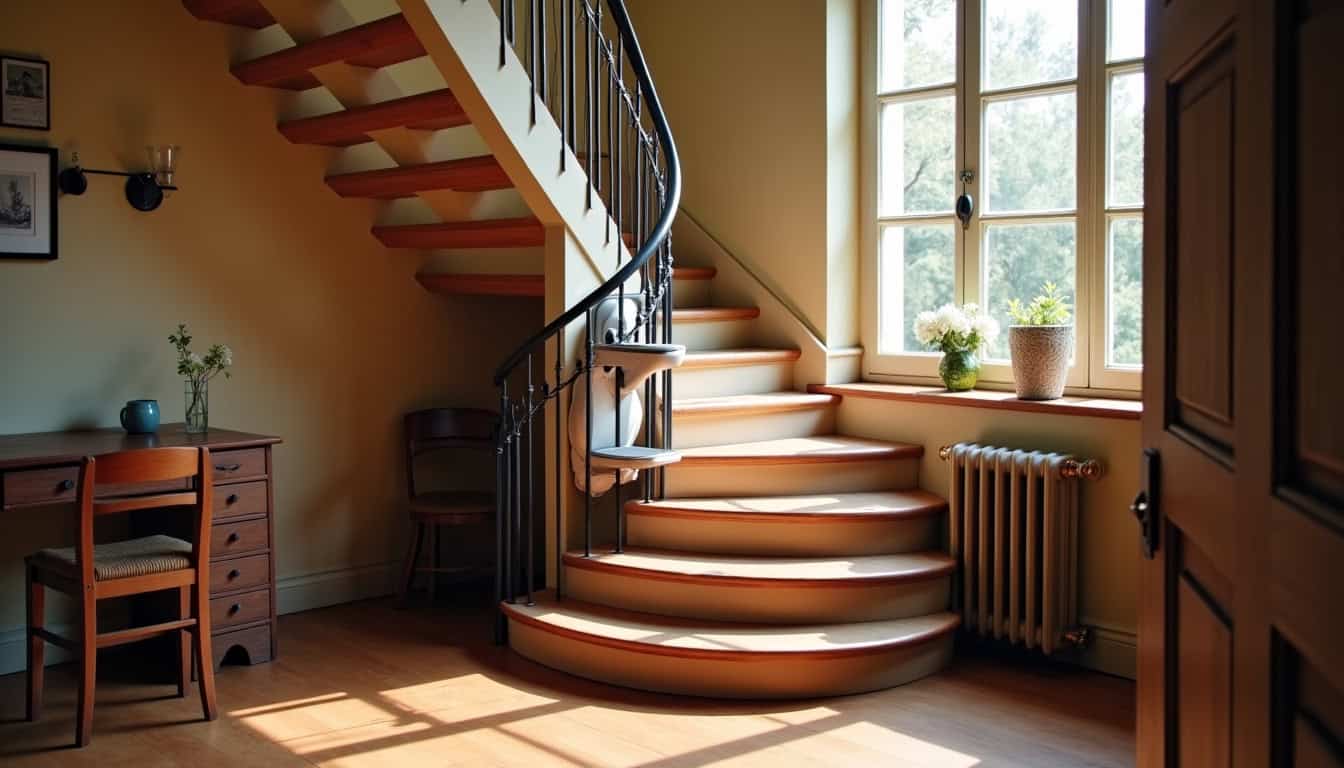 Monte-escalier tournant installé dans une maison à Brioude, adapté à un escalier en colimaçon