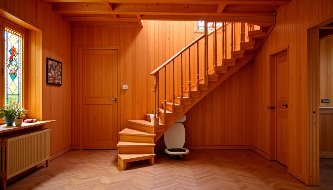 Monte-escalier tournant installé dans une maison à colombages à Duttlenheim