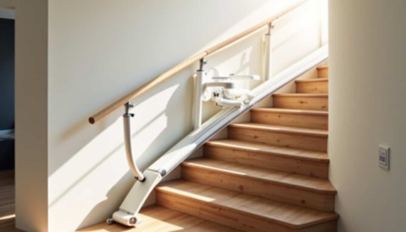 Monte-escalier tournant installé dans une maison à Herzeele, adapté à un escalier en colimaçon