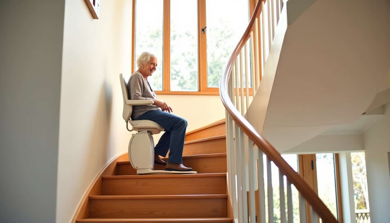 Monte-escalier tournant installé dans une maison à Janneyrias, avec rail courbe adapté aux marches