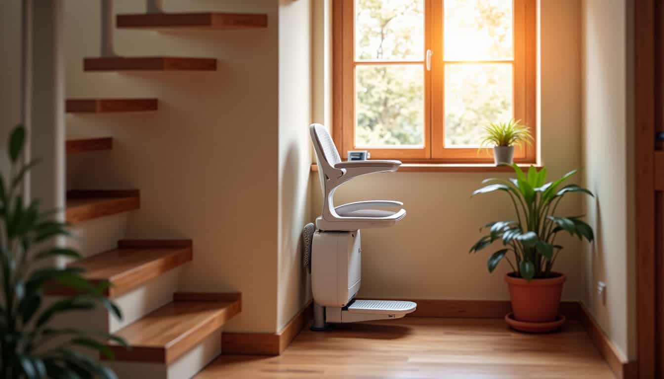 Monte-escalier tournant installé dans une maison à Loyat, escalier avec virage en colimaçon
