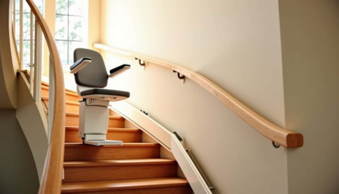 Monte-escalier tournant installé dans une maison à Riec-sur-Bélon, adapté aux virages et paliers