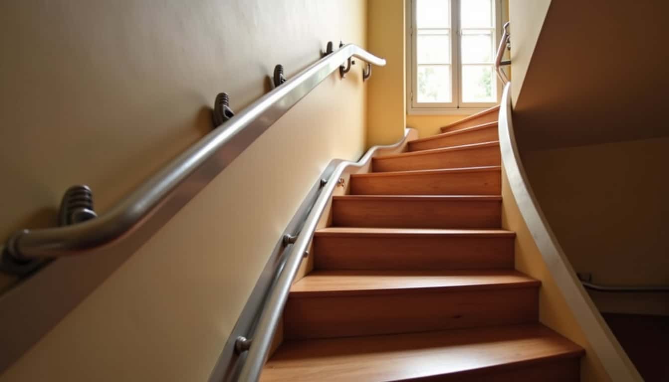 Monte-escalier tournant installé dans une maison à Saint-Bonnet-de-Mure, montrant le rail qui suit la courbe de l