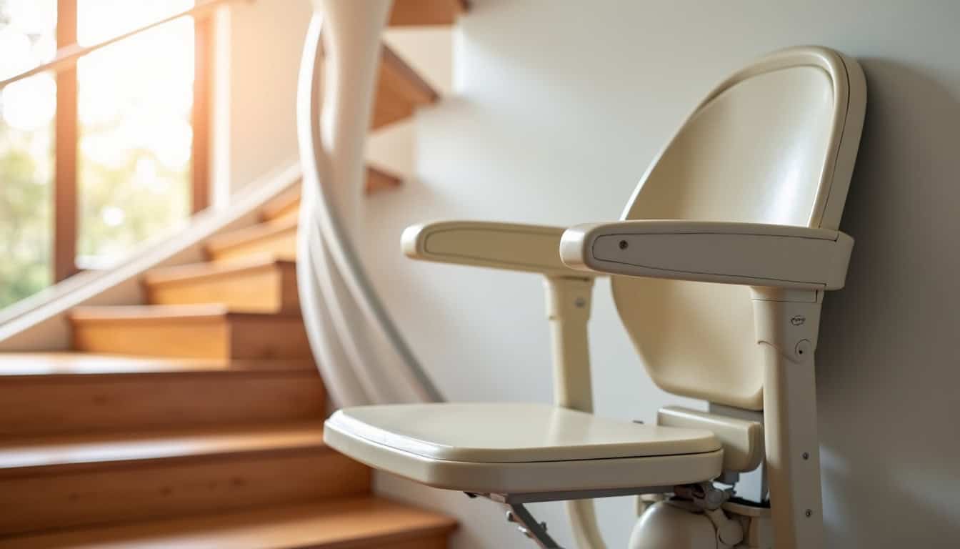 Monte-escalier tournant installé dans une maison à Saint-Viaud, avec rail en courbe adapté à un escalier en colimaçon