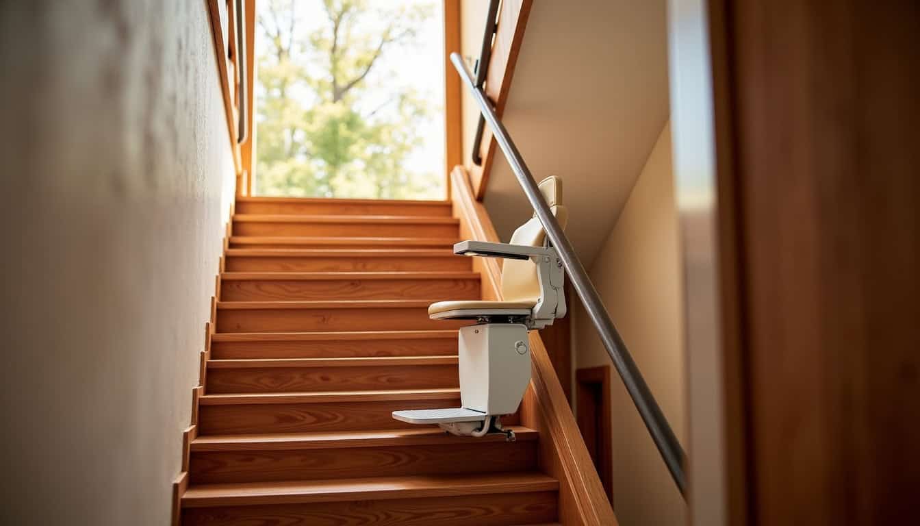 Monte-escalier tournant installé dans une maison à Soultz-Haut-Rhin, escalier en bois et rail courbe