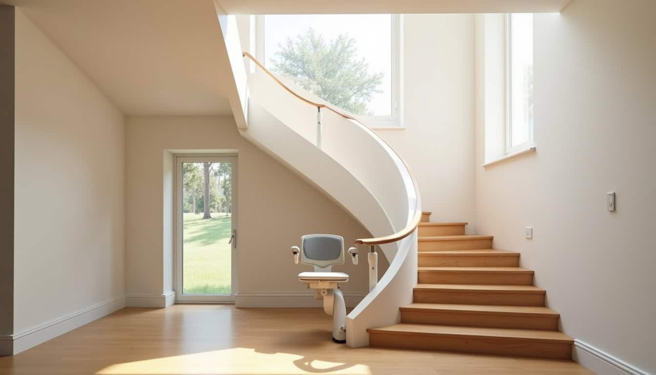 Monte-escalier tournant installé dans une maison à Surtainville, adapté à un escalier avec virage