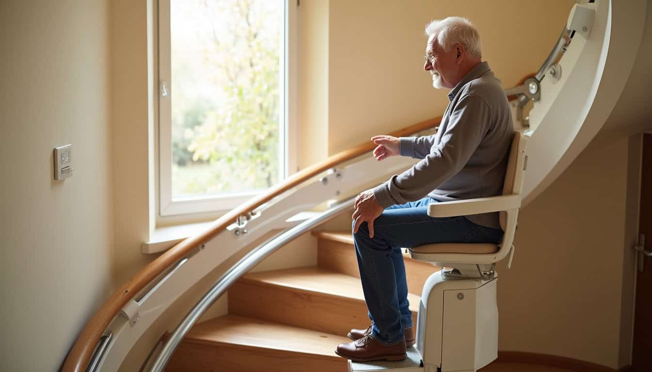 Monte-escalier tournant installé dans une maison à Tréon, avec un utilisateur en train de l