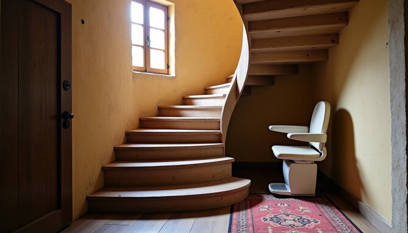 Monte-escalier tournant installé dans une maison ancienne à Acquigny