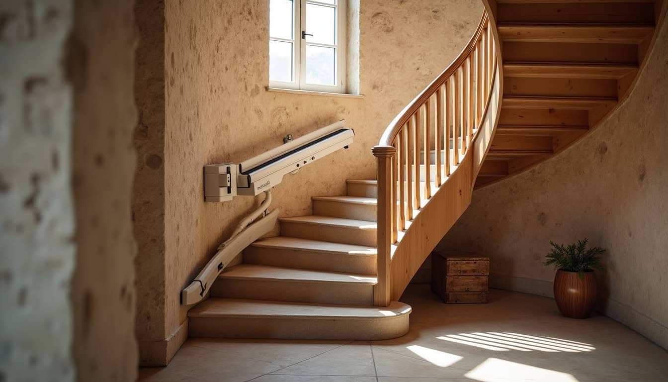 Monte-escalier tournant installé dans une maison ancienne à Ceaucé