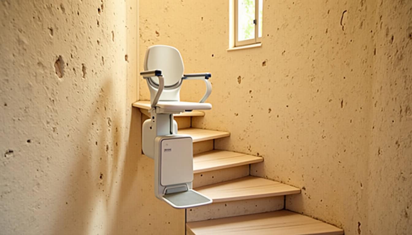 Monte-escalier tournant installé dans une maison ancienne à Gagnières, adapté à un escalier en colimaçon typique du bâti local