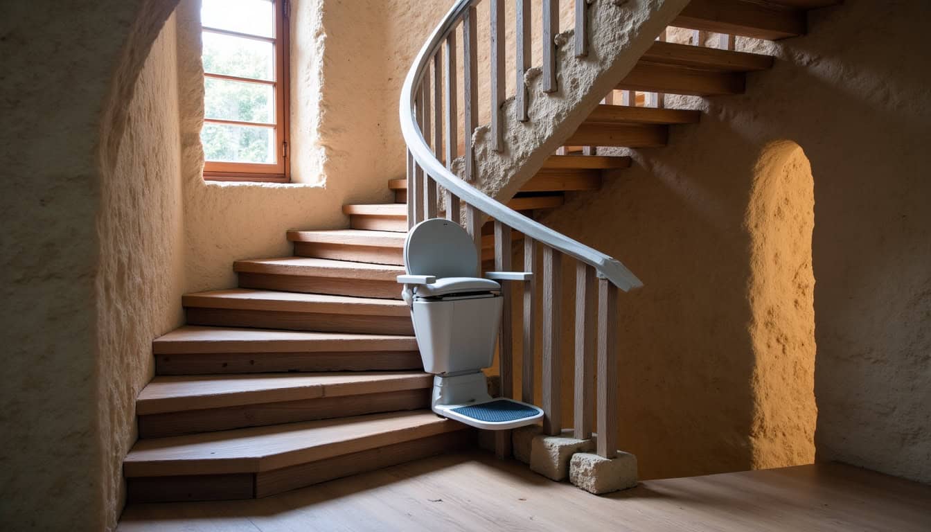 Monte-escalier tournant installé dans une maison ancienne à Mably, escalier en colimaçon avec rail sur mesure