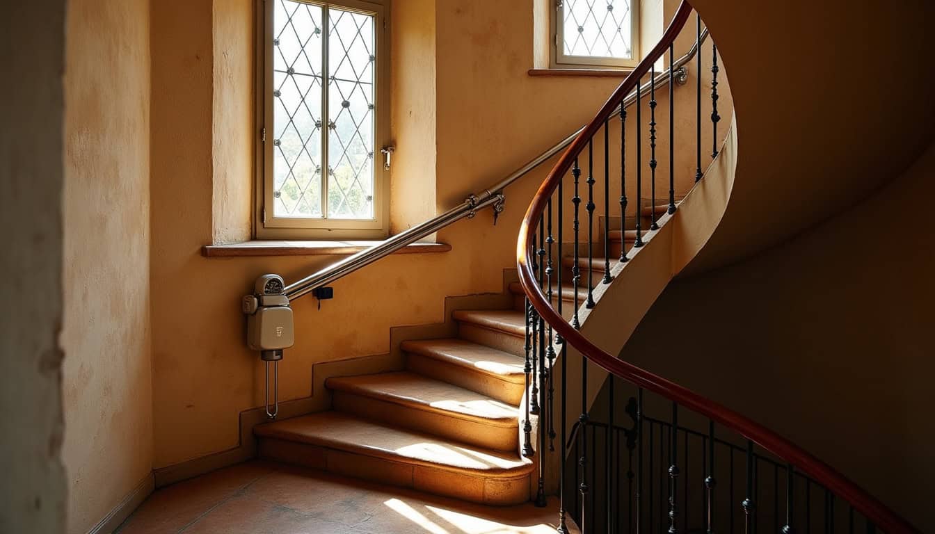 Monte-escalier tournant installé dans une maison ancienne à Maroilles