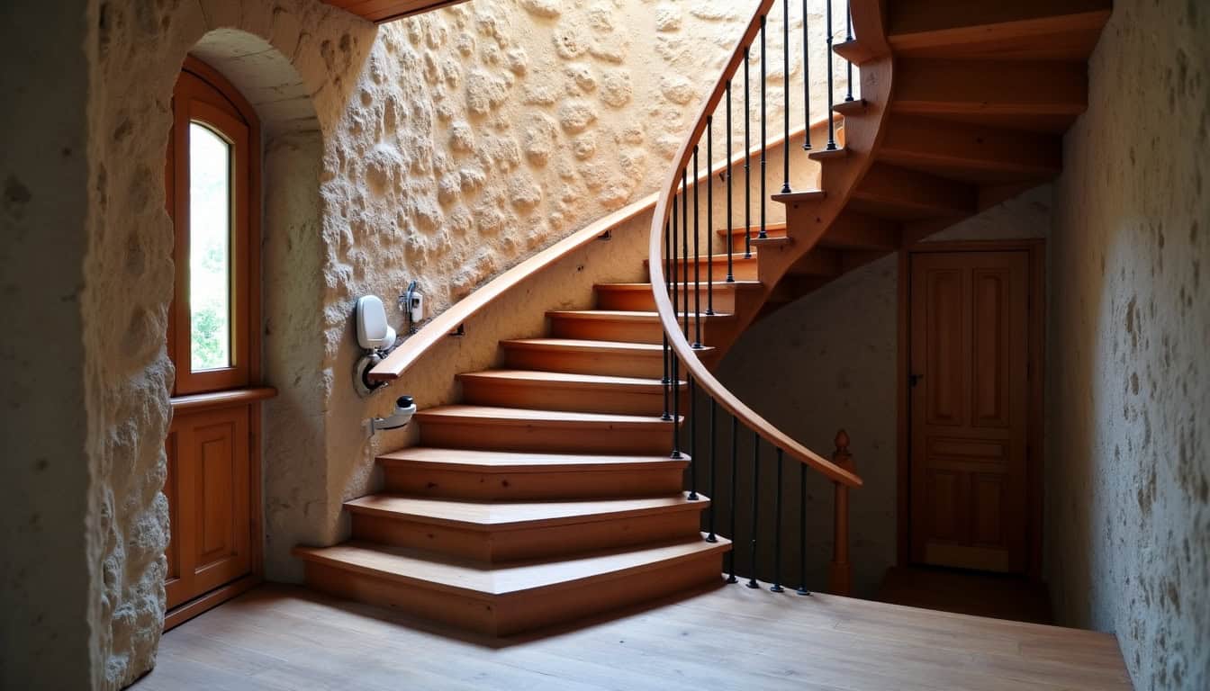 Monte-escalier tournant installé dans une maison ancienne à Matha