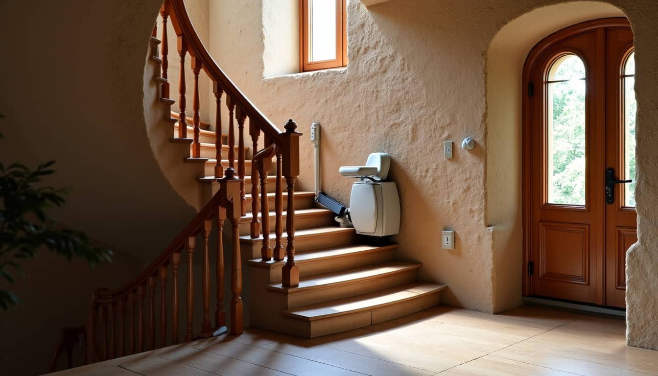 Monte-escalier tournant installé dans une maison ancienne à Meursac