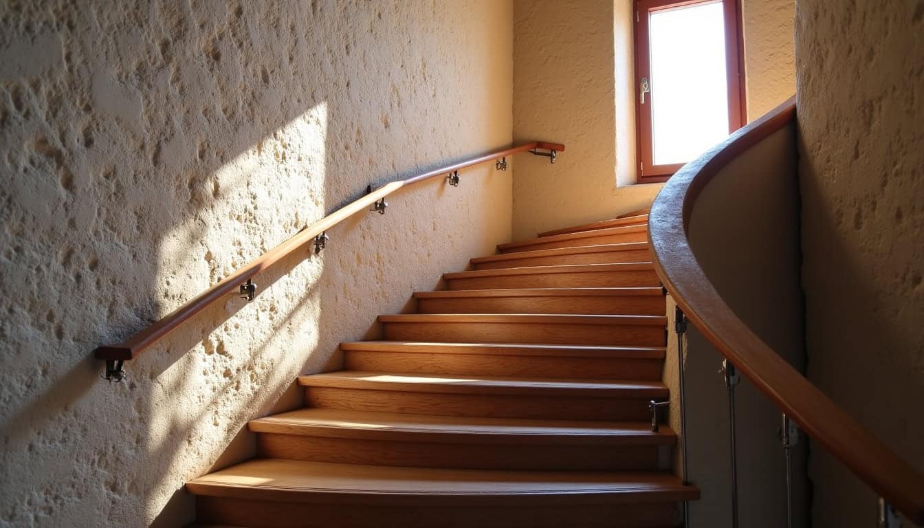 Monte-escalier tournant installé dans une maison ancienne à Moirans, avec un rail courbe le long de l