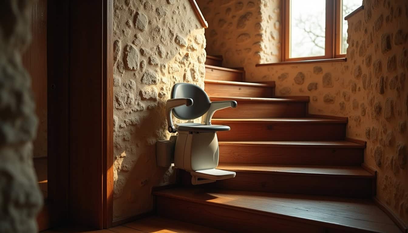 Monte-escalier tournant installé dans une maison ancienne à Poliénas
