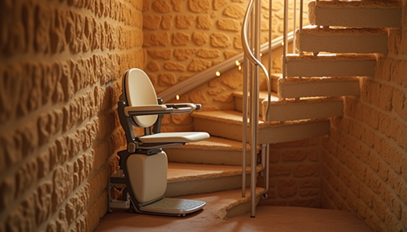 Monte-escalier tournant installé dans une maison ancienne avec escalier en colimaçon