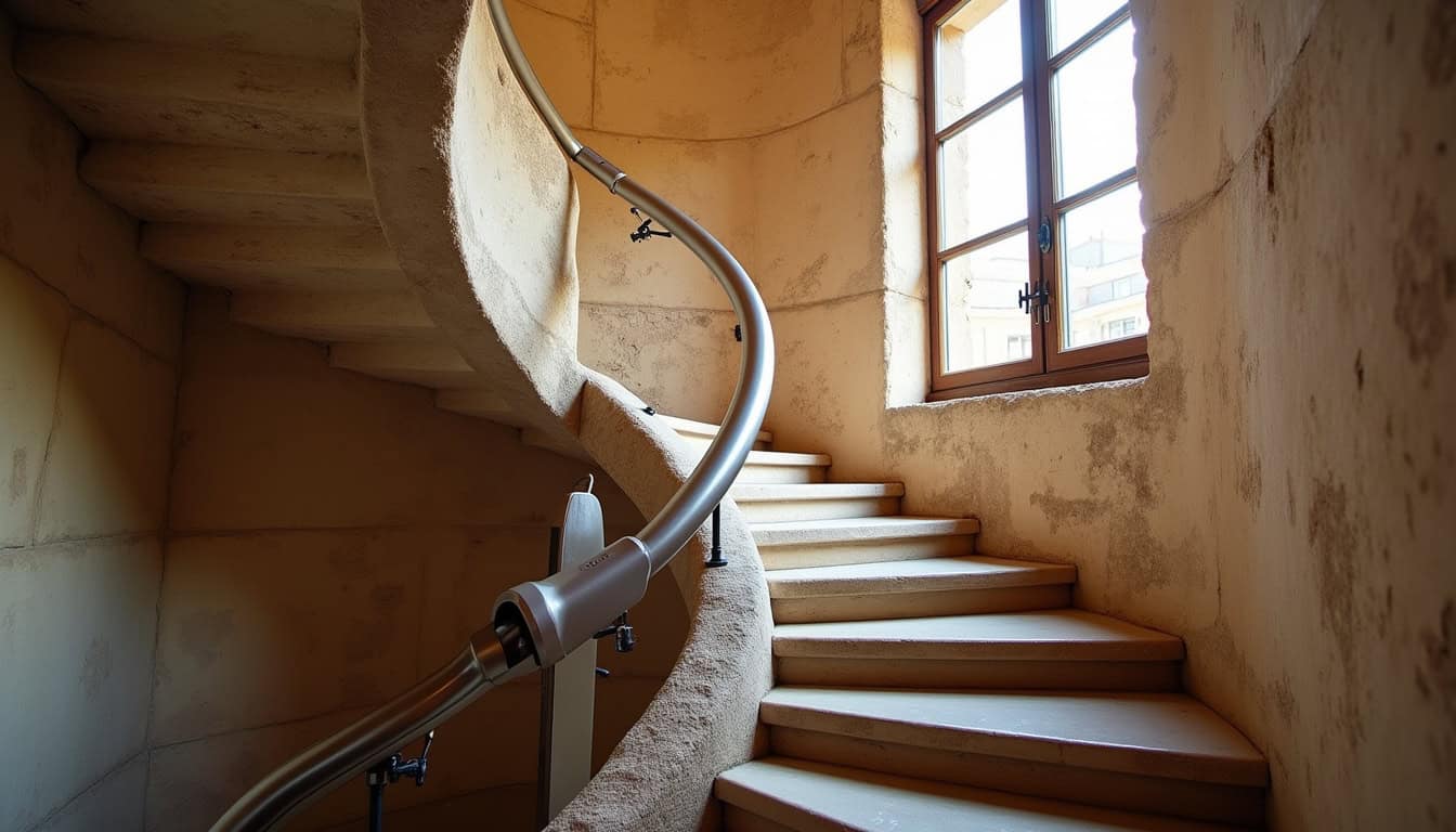 Monte-escalier tournant installé dans une maison ancienne avec escalier hélicoïdal