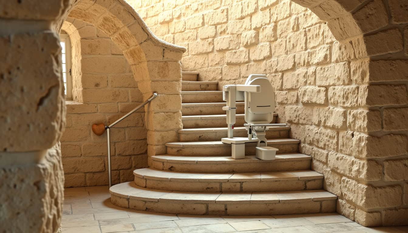 Monte-escalier tournant installé dans une maison ancienne, avec vue sur l