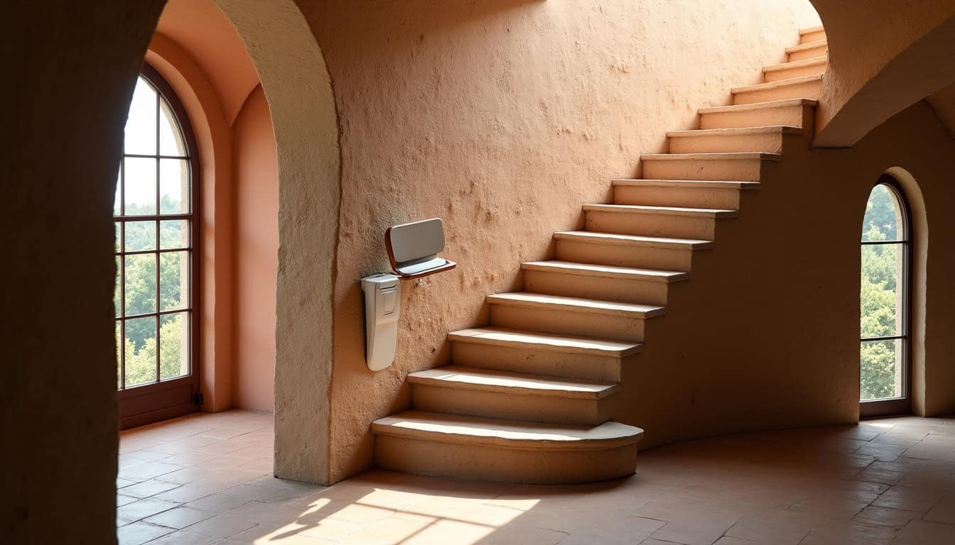 Monte-escalier tournant installé dans une maison ancienne d