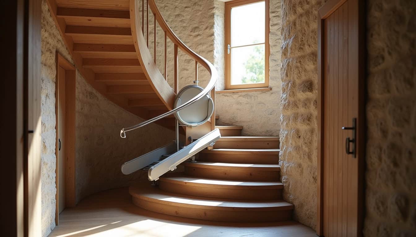 Monte-escalier tournant installé dans une maison bretonne à Plouaret