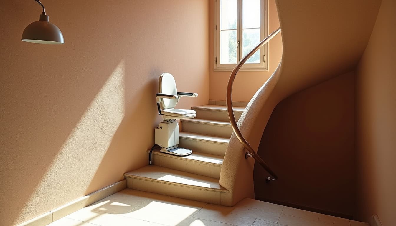 Monte-escalier tournant installé dans une maison charentaise avec escalier en colimaçon et palier intermédiaire