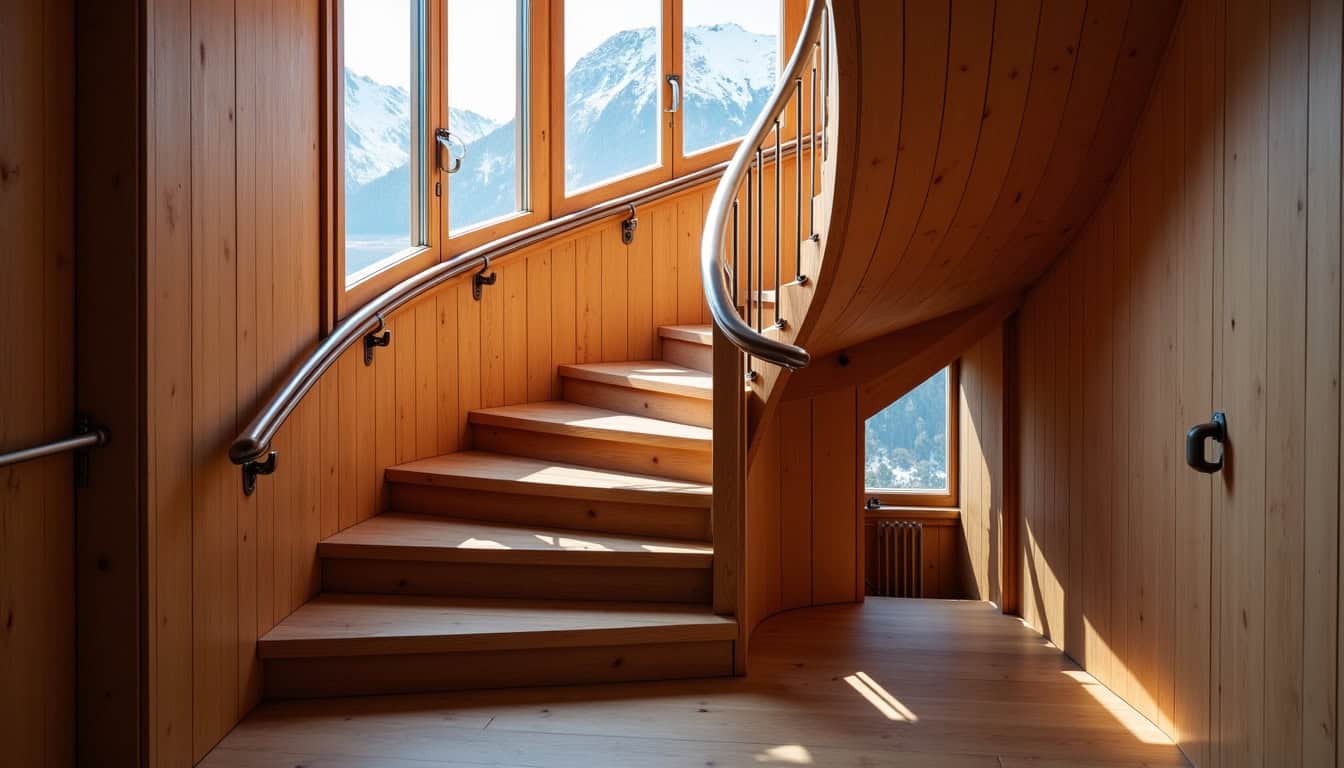 Monte-escalier tournant installé dans une maison de montagne à Saint-Cassien