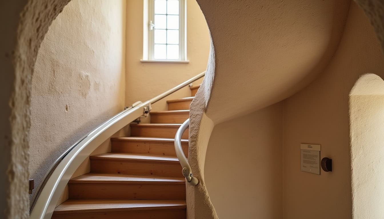 Monte-escalier tournant installé dans une maison en tuffeau typique de la région de Grez-Neuville
