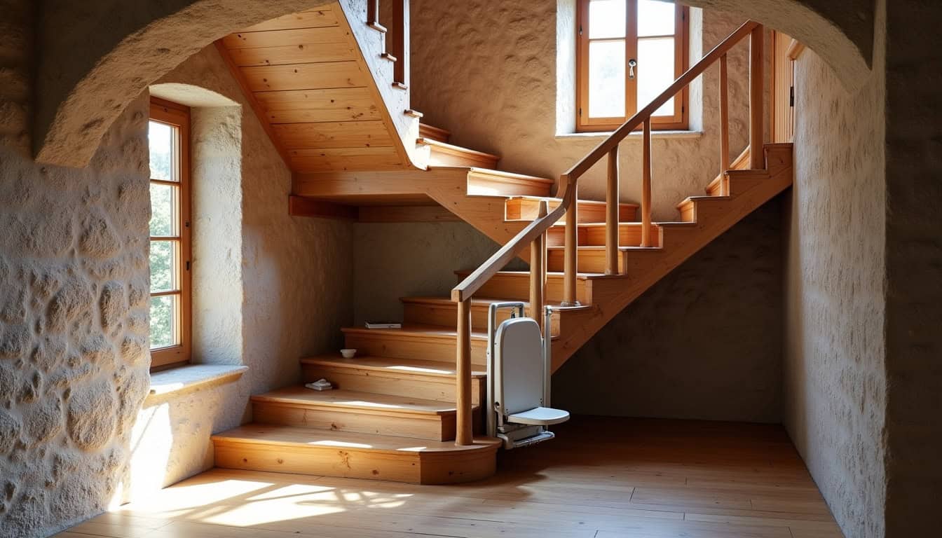 Monte-escalier tournant installé dans une maison lorraine à Hargarten-aux-Mines