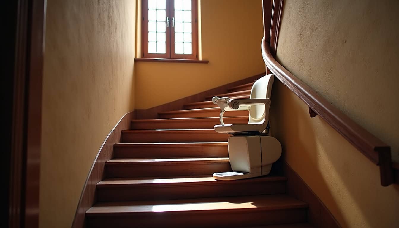 Monte-escalier tournant installé dans une maison typique de Quilly avec escalier à palier intermédiaire