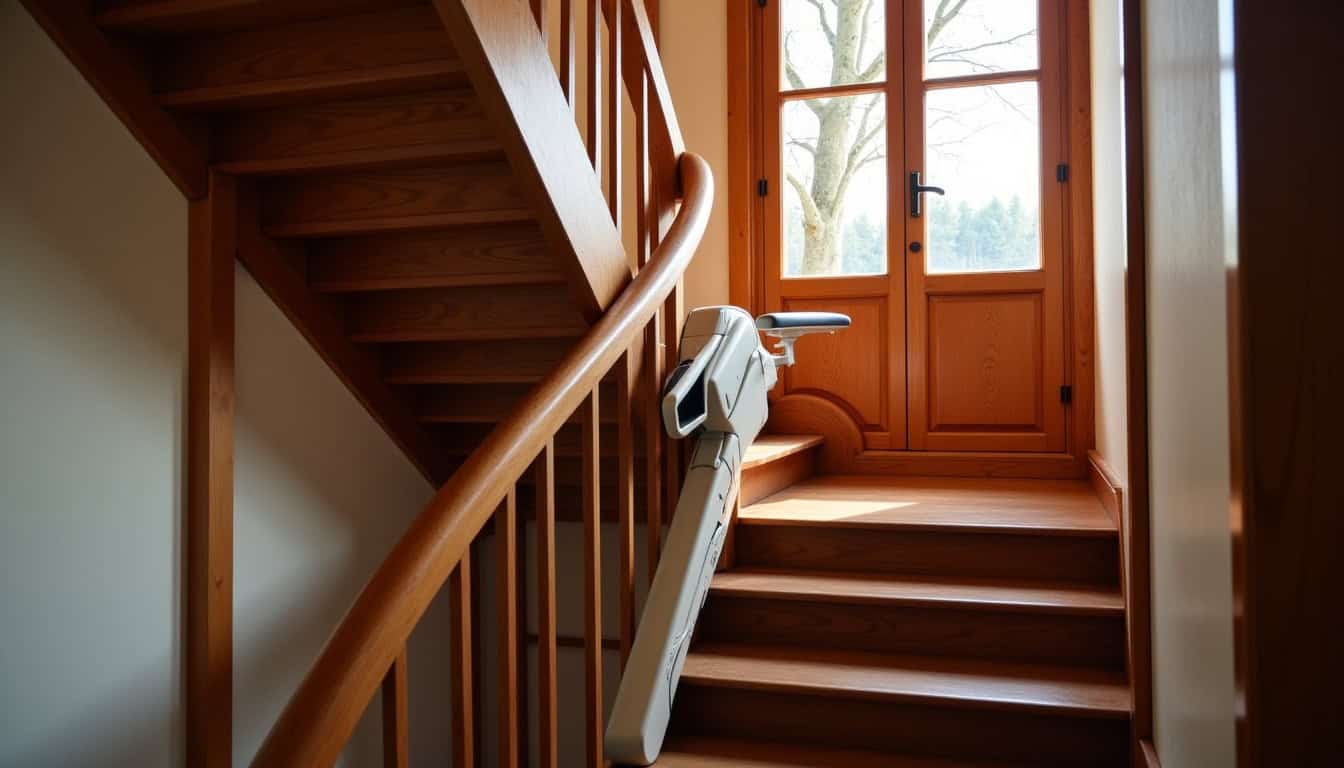 Monte-escalier tournant installé sur un escalier à palier dans une maison alsacienne à Bernardswiller