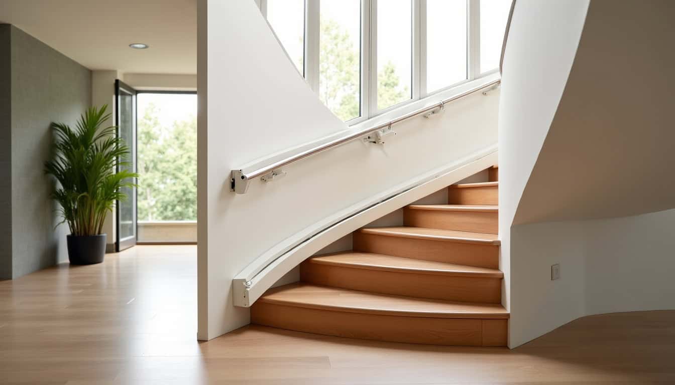Monte-escalier tournant installé sur un escalier avec virage dans une maison à Rennes