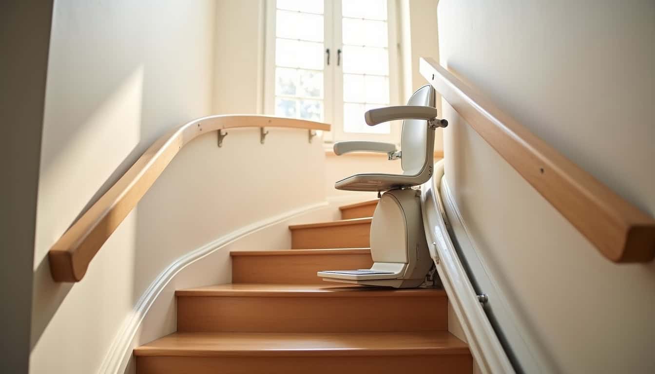 Monte-escalier tournant installé sur un escalier avec virage, vue d