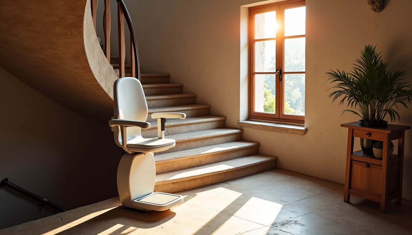 Monte-escalier tournant installé sur un escalier en colimaçon à Baccarat