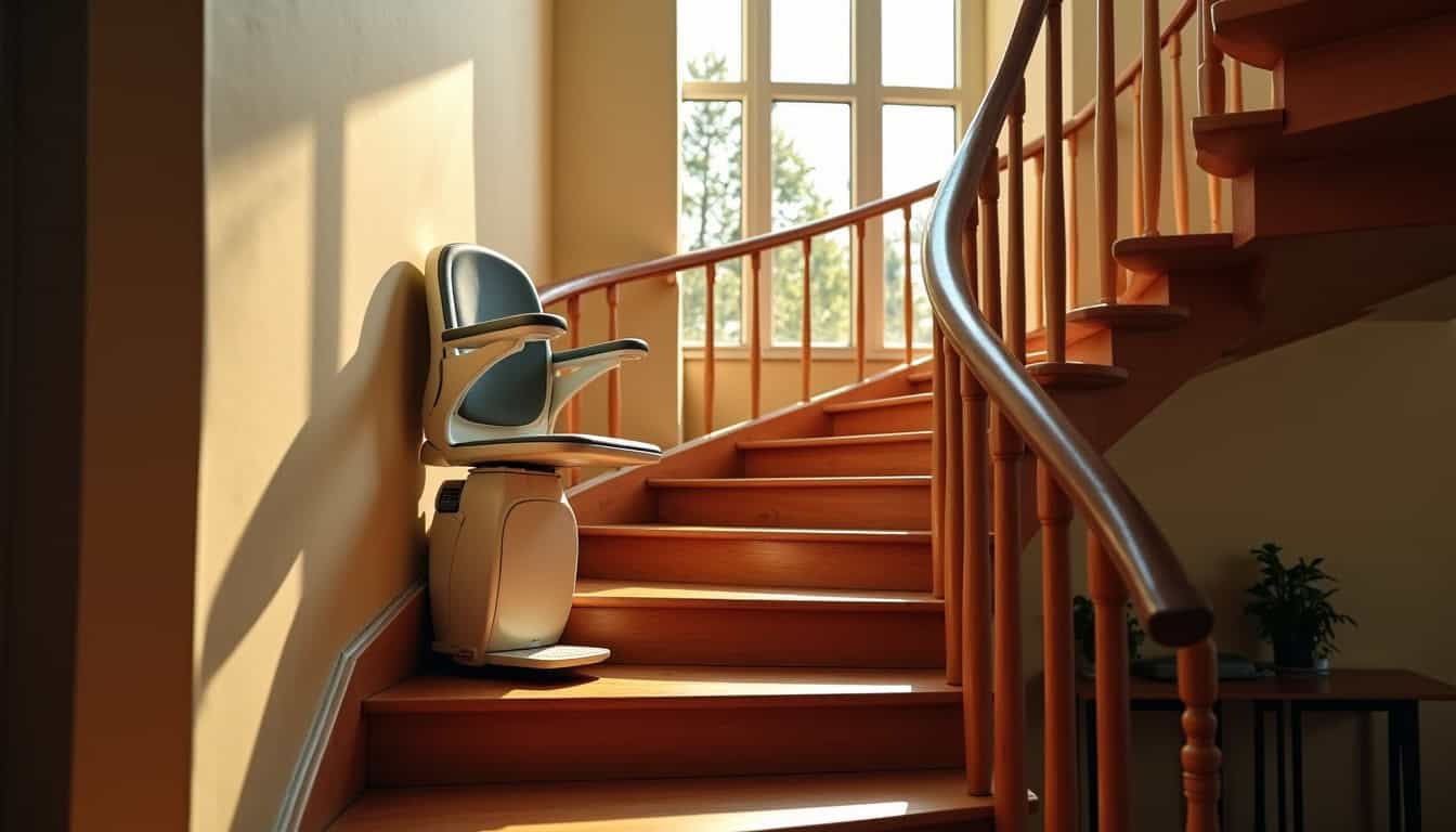 Monte-escalier tournant installé sur un escalier en colimaçon à Guebwiller, avec un rail courbé et un siège orientable