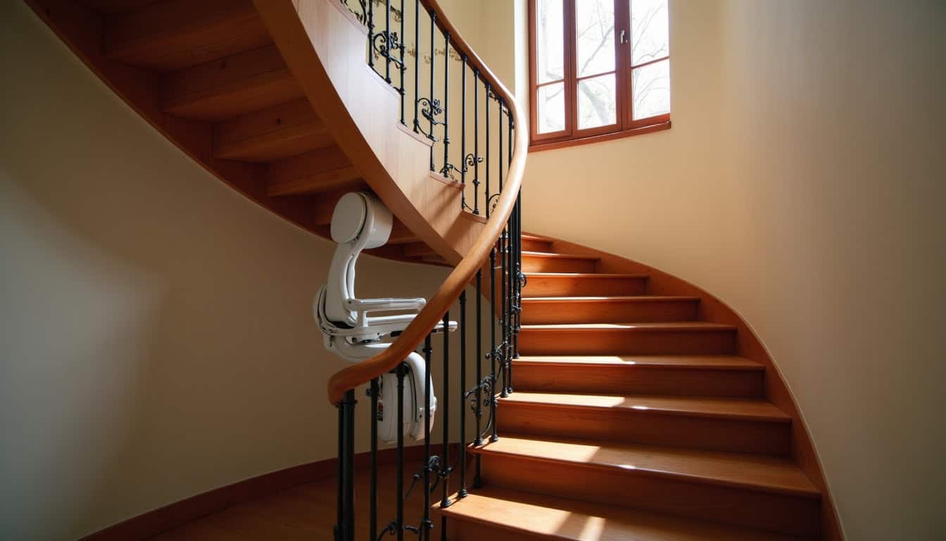 Monte-escalier tournant installé sur un escalier en colimaçon à Saint-Lô