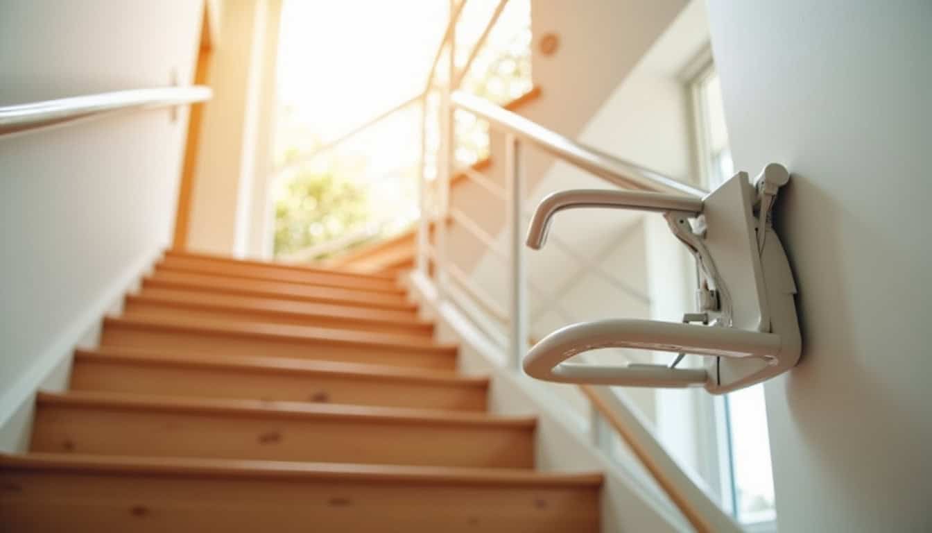 Monte-escalier tournant installé sur un escalier en colimaçon à Saint-Nazaire-les-Eymes