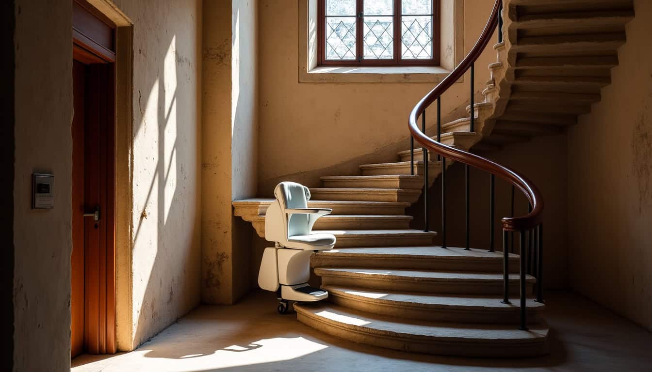 Monte-escalier tournant installé sur un escalier en colimaçon dans un immeuble ancien de Lyon