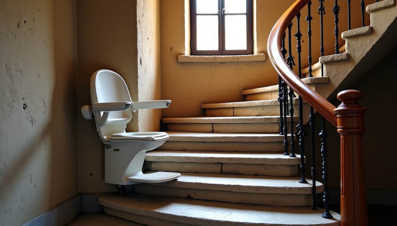 Monte-escalier tournant installé sur un escalier en colimaçon dans une maison ancienne à Le Vivier-sur-Mer