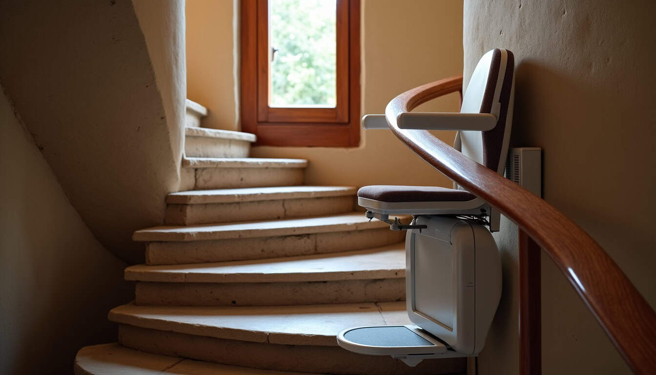 Monte-escalier tournant installé sur un escalier en colimaçon dans une maison ancienne de Garennes-sur-Eure