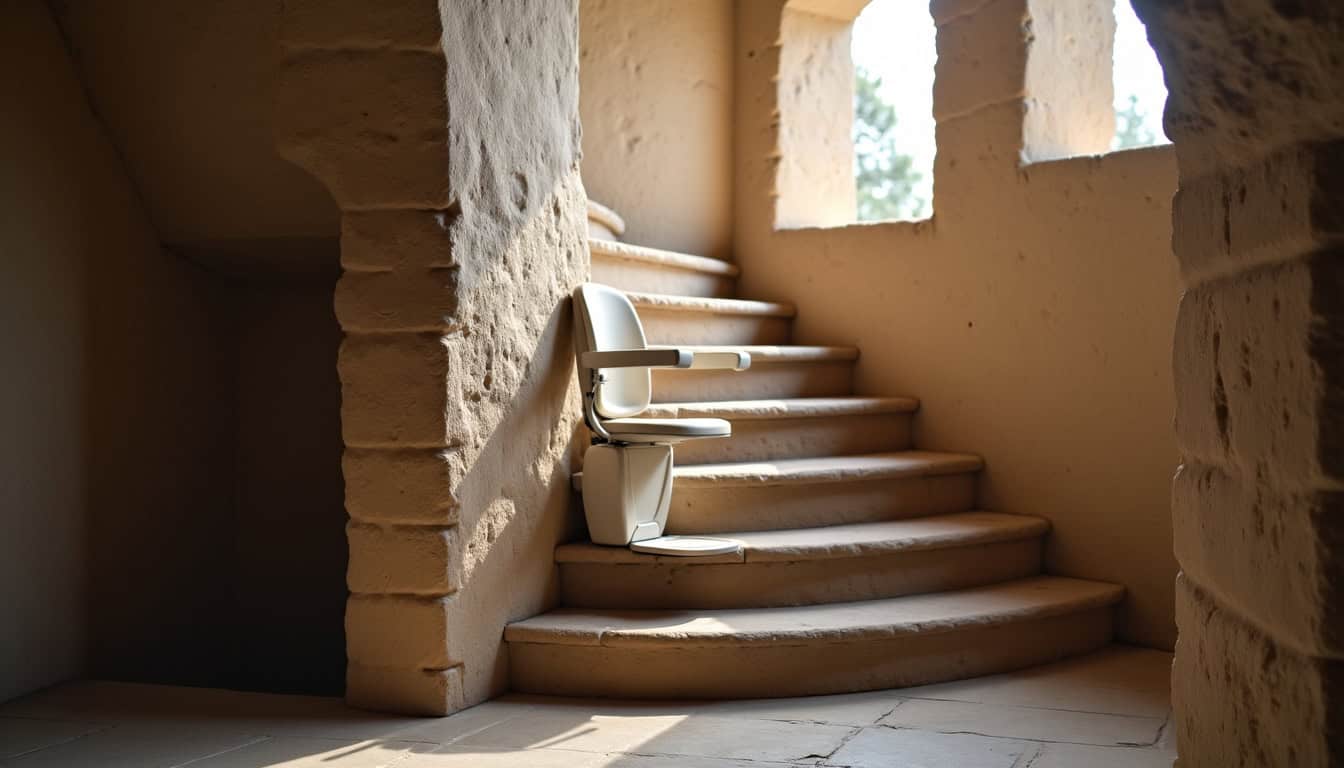 Monte-escalier tournant installé sur un escalier en colimaçon dans une maison ancienne