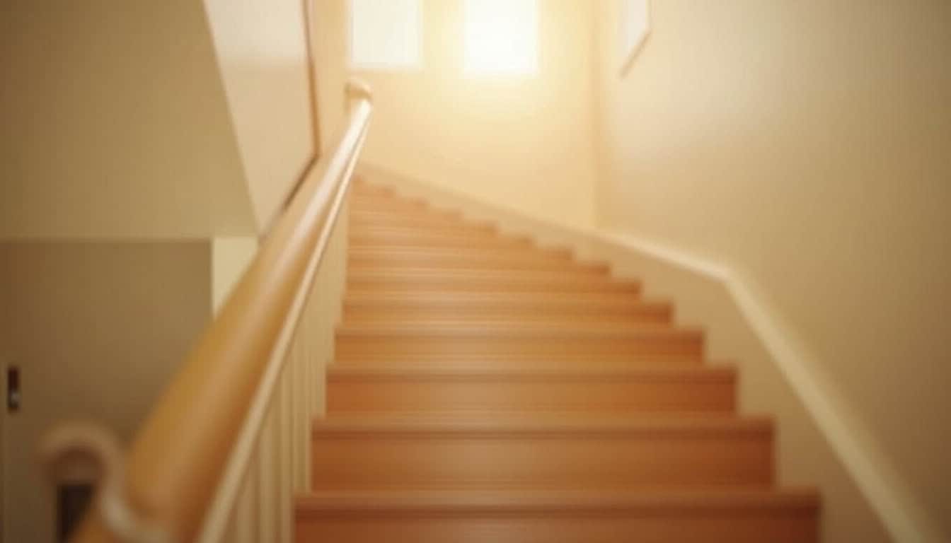 Monte-escalier tournant installé sur un escalier intérieur avec virage et palier intermédiaire